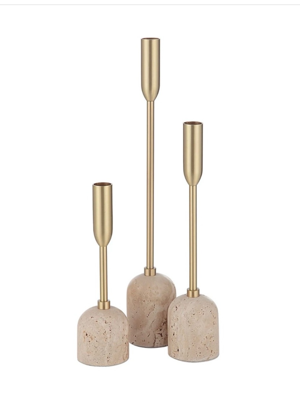 Brass and Beige Marble 3-Piece Candle Holder Set